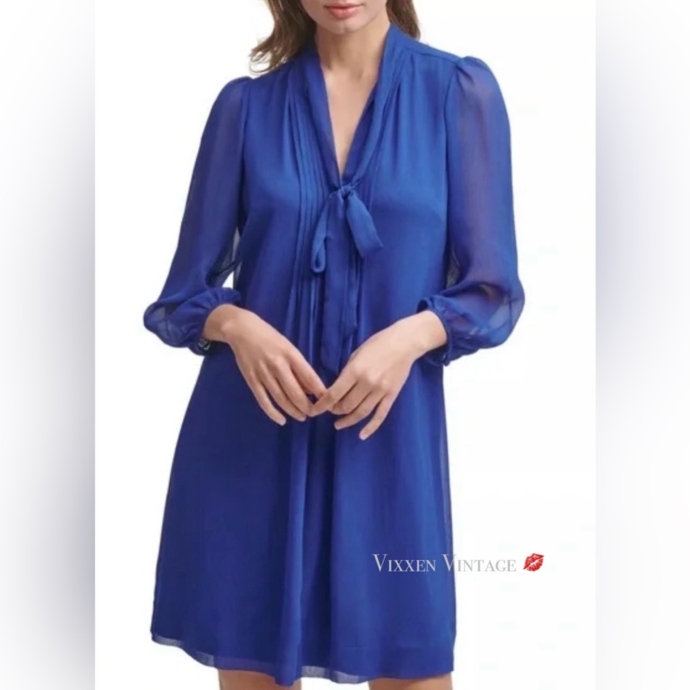 CALVIN KLEIN LONG SLEEVE PLEATED CHIFFON SHEATH DRESS IN COBALT BLUE
